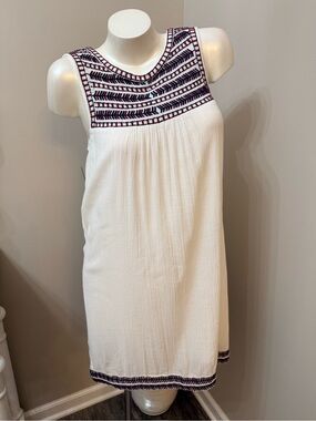 Lucky Brand White Navy Blue Red Embroidered Boho Gauze Shift Mini Dress Sz Small